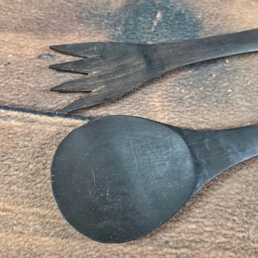 Salad Serving Set Home 12.5in Dark Wood Excellent Fish Hand Carved
